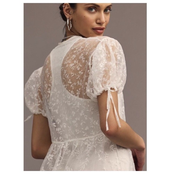 ANTHROPOLOGIE M SHEER SHORT-SLEEVE ORGANZA Coverup MAXI DRESS White $118 NWT Med - Picture 1 of 11